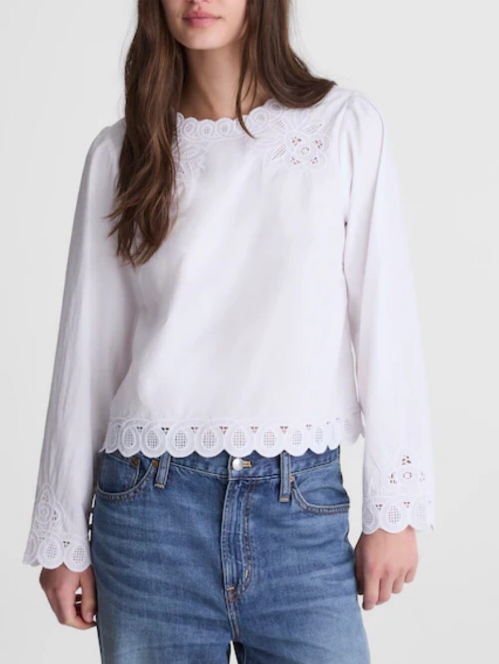 Madewell White Eyelet-Trim Long-Sleeve Blouse Size XS New